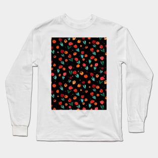 Watercolor tulips pattern - black and orange Long Sleeve T-Shirt